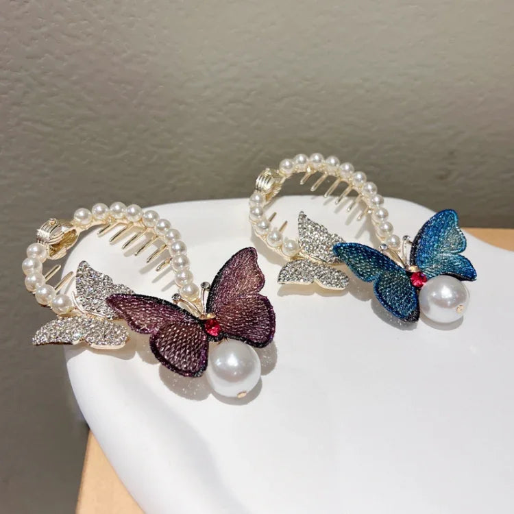 Presilha de Cabelo Borboleta com Strass Bordada para Rabo de Cavalo