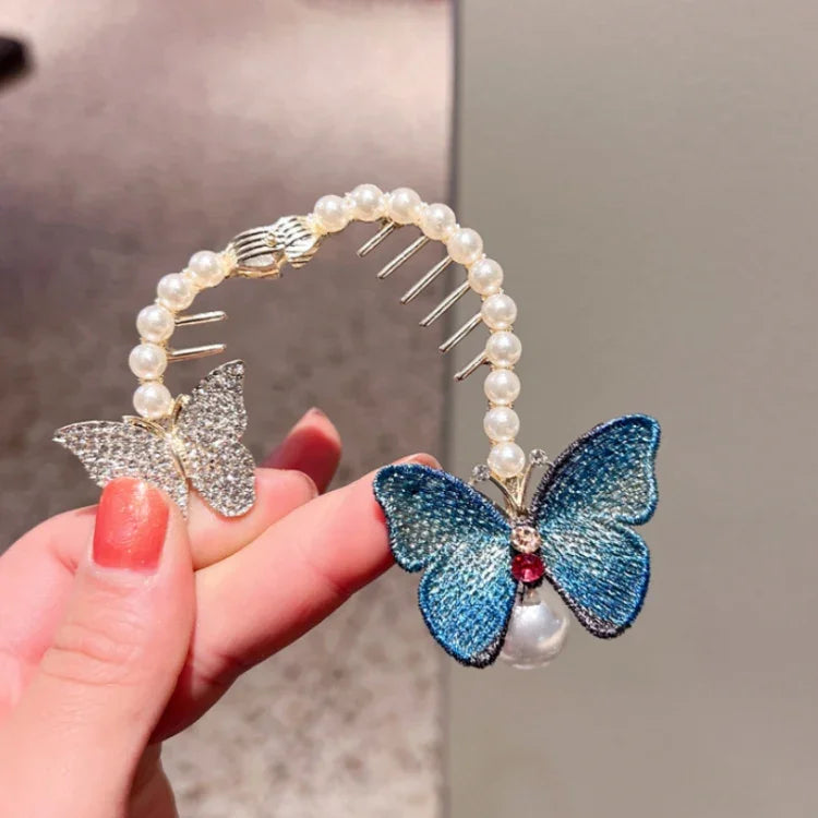 Presilha de Cabelo Borboleta com Strass Bordada para Rabo de Cavalo