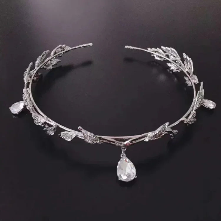 Ornamentos Frontais de Folhas Coroa Faixa de Cabelo com Strass, Headdress com Strass Prateado, Headdress com Strass Dourado