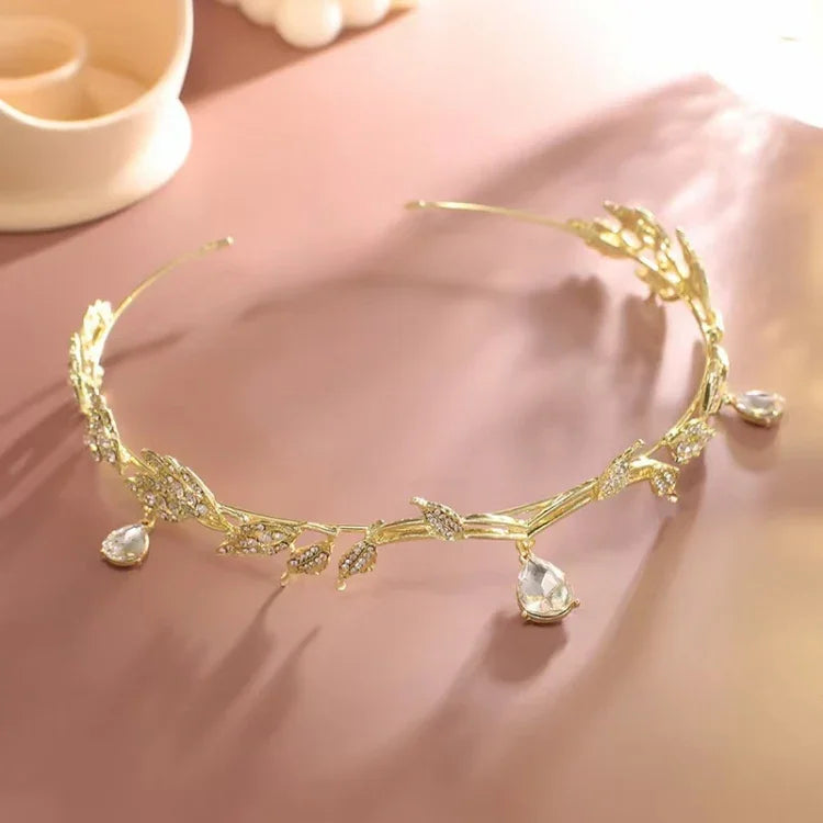 Ornamentos Frontais de Folhas Coroa Faixa de Cabelo com Strass, Headdress com Strass Prateado, Headdress com Strass Dourado