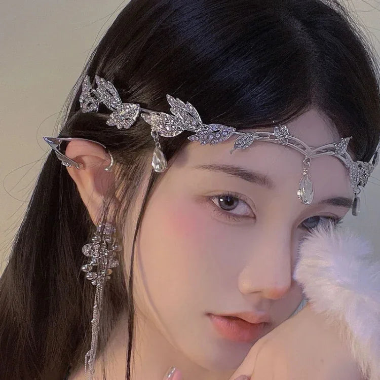 Ornamentos Frontais de Folhas Coroa Faixa de Cabelo com Strass, Headdress com Strass Prateado, Headdress com Strass Dourado