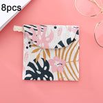 8pcs Cotton and Linen Sanitary Napkin Storage Bag Handy Clutch Bag, Black -bottomed White Tree, Gray Camel, Lucky Cat, Leaves, Blue Cat, Turtle