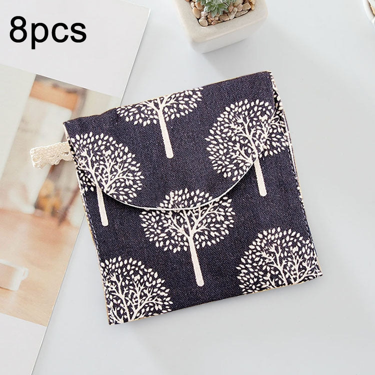 8 Peças Bolsa de Armazenamento para Pensos Higiénicos em Algodão e Linho, Bolsa de Mão Prática, Preto com Fundo Branco e Árvore, Cinzento Camelo, Gato da Sorte, Folhas, Gato Azul, Tartaruga