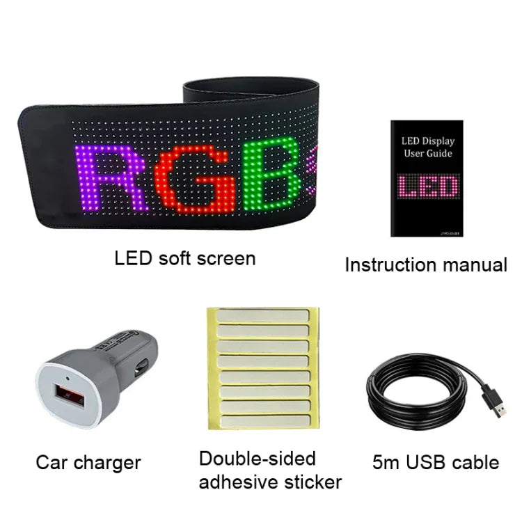 Ecrã LED Flexível para Carro com Controlo por APP de Telemóvel, Ligação Bluetooth, S1664RGB 390x107mm, S1696RGB 672x122mm, S3264RGB 390x187mm, S3296RGB 672x218mm
