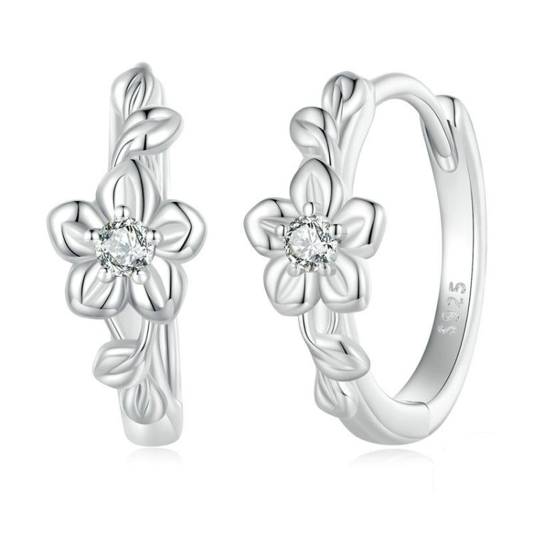 Brincos de Prata Esterlina S925 Pequena Flor com Ramo Banho de Platina e Zircónia, BSE767