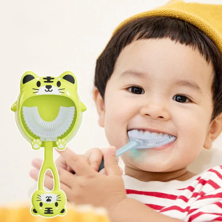 S8 2 Unidades Escova de Dentes Manual em Silicone em Forma de U para Crianças de 2 a 12 Anos com Desenhos Animados de Animais