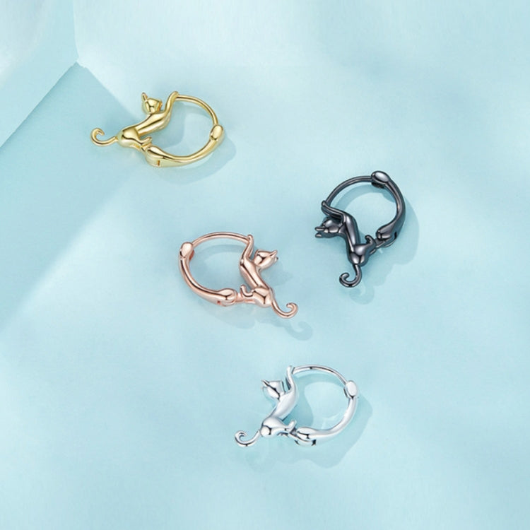 Brincos Esticados de Gato com Diamante em Prata Esterlina S925, Tamanhos:, Pequeno Banho de Platina, Grande Banho de Platina, Grande Banho de Ouro, Grande Banho de Ouro Preto, Grande Banho de Ouro Rosa