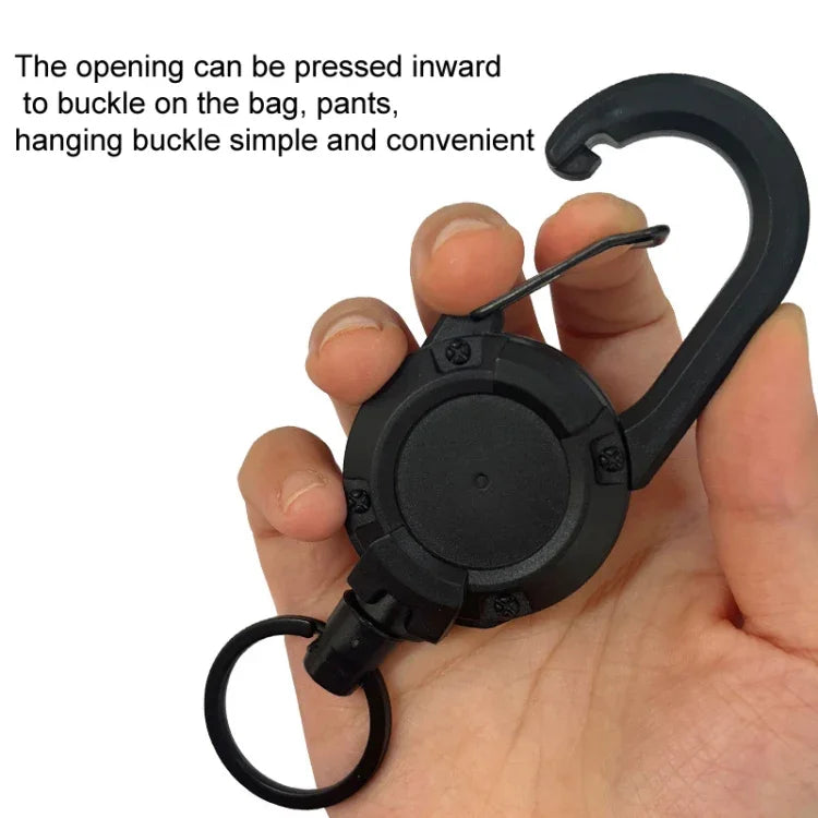 Mosquetão para Mochila com Carretel Retrátil para Cartões, Cabo de Aço Preto, Corda de Fibra Preta, Corda de Fibra Branca