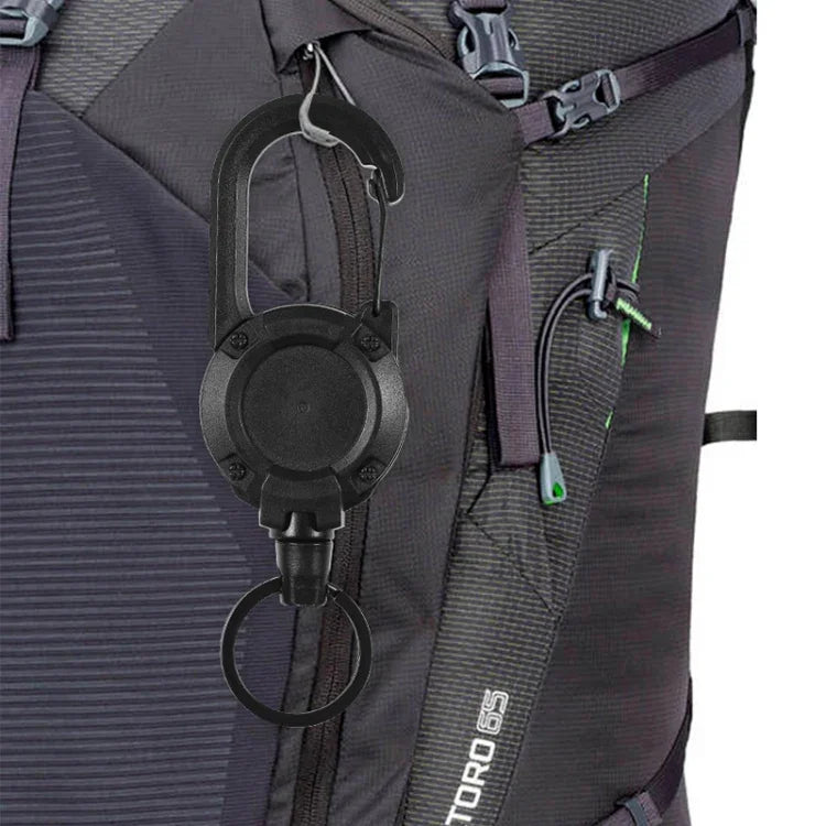Mosquetão para Mochila com Carretel Retrátil para Cartões, Cabo de Aço Preto, Corda de Fibra Preta, Corda de Fibra Branca
