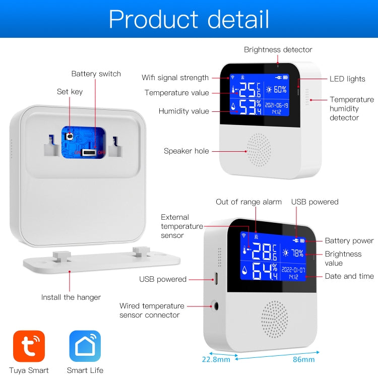 Sensor de Temperatura e Humidade WIFI Tuya com Ecrã LCD de 2,9 polegadas, Especificações:, Apenas Sensor, Com Cabo Sensor