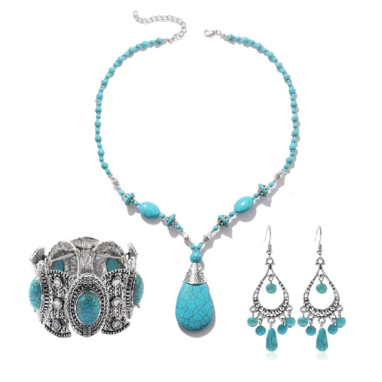 Natural Turquoise Accessories Ladies Jewelry, N2206-6 2pcs/set Rectangular Necklace, 2pcs/set Necklace + Earrings, 3pcs/set Necklace + Bracelet + Earrings