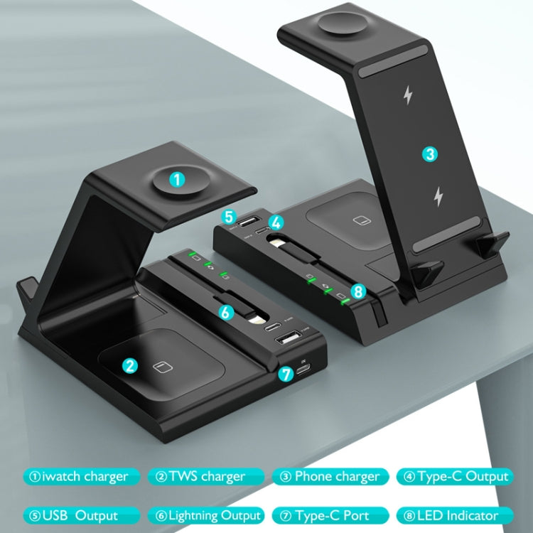 Base de Carregamento Sem Fios 6 em 1 Z252 com Porta USB-C/Type-C e Cabo de Carregamento 8 Pinos