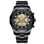 Relógio de Quartzo Luminoso Mecânico Oco à Prova de Água 30m BINBOND S033, Aço Preto-Preto-Dourado, Aço Preto-Preto-Rosa Dourado, Dourado Completo-Preto-Dourado, Aço Azul-Azul