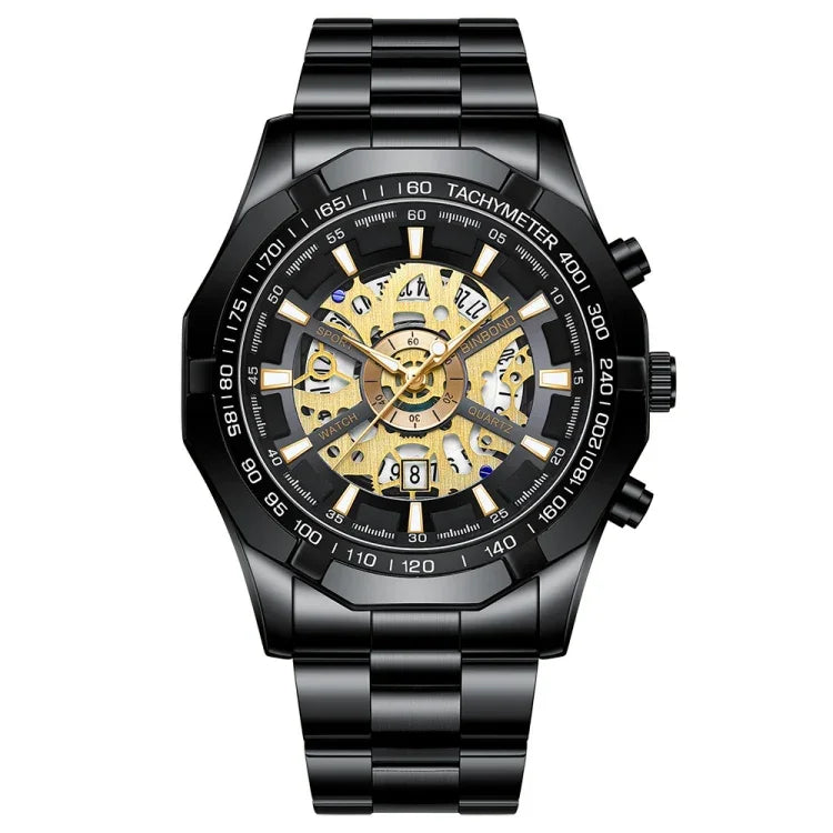 Relógio de Quartzo Luminoso Mecânico Oco à Prova de Água 30m BINBOND S033, Aço Preto-Preto-Dourado, Aço Preto-Preto-Rosa Dourado, Dourado Completo-Preto-Dourado, Aço Azul-Azul