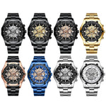 Relógio de Quartzo Luminoso Mecânico Oco à Prova de Água 30m BINBOND S033, Aço Preto-Preto-Dourado, Aço Preto-Preto-Rosa Dourado, Dourado Completo-Preto-Dourado, Aço Azul-Azul