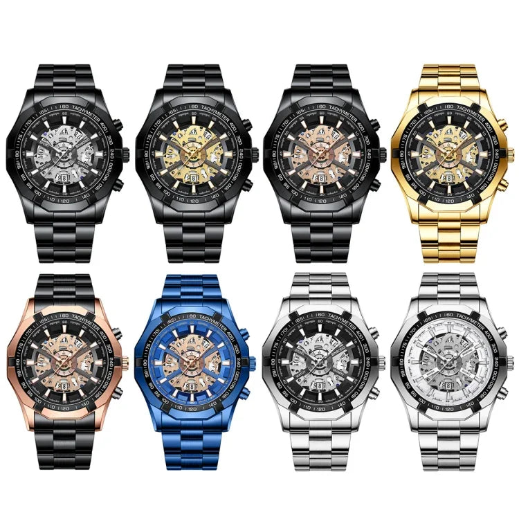 Relógio de Quartzo Luminoso Mecânico Oco à Prova de Água 30m BINBOND S033, Aço Preto-Preto-Dourado, Aço Preto-Preto-Rosa Dourado, Dourado Completo-Preto-Dourado, Aço Azul-Azul