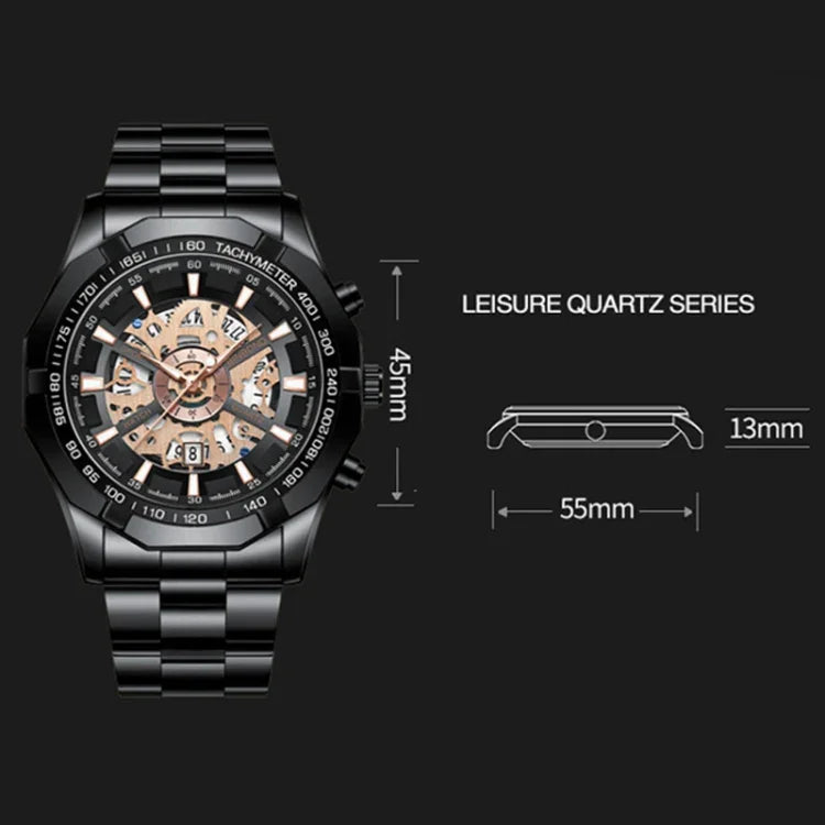Relógio de Quartzo Luminoso Mecânico Oco à Prova de Água 30m BINBOND S033, Aço Preto-Preto-Dourado, Aço Preto-Preto-Rosa Dourado, Dourado Completo-Preto-Dourado, Aço Azul-Azul