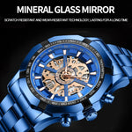 Relógio de Quartzo Luminoso Mecânico Oco à Prova de Água 30m BINBOND S033, Aço Preto-Preto-Dourado, Aço Preto-Preto-Rosa Dourado, Dourado Completo-Preto-Dourado, Aço Azul-Azul