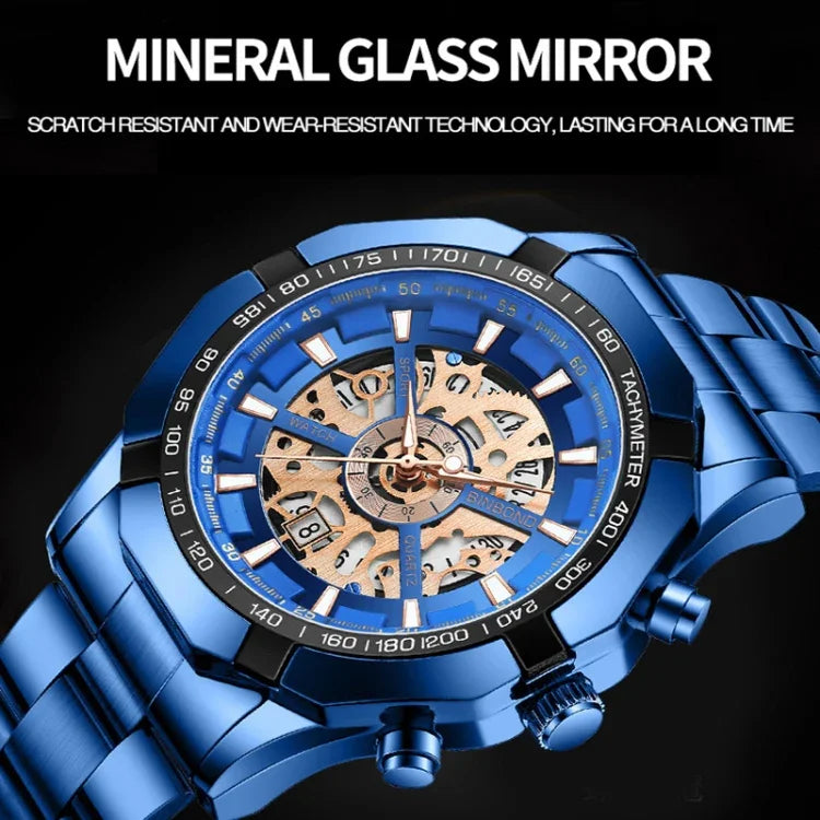 Relógio de Quartzo Luminoso Mecânico Oco à Prova de Água 30m BINBOND S033, Aço Preto-Preto-Dourado, Aço Preto-Preto-Rosa Dourado, Dourado Completo-Preto-Dourado, Aço Azul-Azul