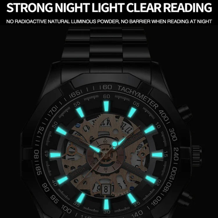 Relógio de Quartzo Luminoso Mecânico Oco à Prova de Água 30m BINBOND S033, Aço Preto-Preto-Dourado, Aço Preto-Preto-Rosa Dourado, Dourado Completo-Preto-Dourado, Aço Azul-Azul