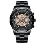 Relógio de Quartzo Luminoso Mecânico Oco à Prova de Água 30m BINBOND S033, Aço Preto-Preto-Dourado, Aço Preto-Preto-Rosa Dourado, Dourado Completo-Preto-Dourado, Aço Azul-Azul