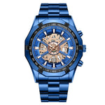 Relógio de Quartzo Luminoso Mecânico Oco à Prova de Água 30m BINBOND S033, Aço Preto-Preto-Dourado, Aço Preto-Preto-Rosa Dourado, Dourado Completo-Preto-Dourado, Aço Azul-Azul