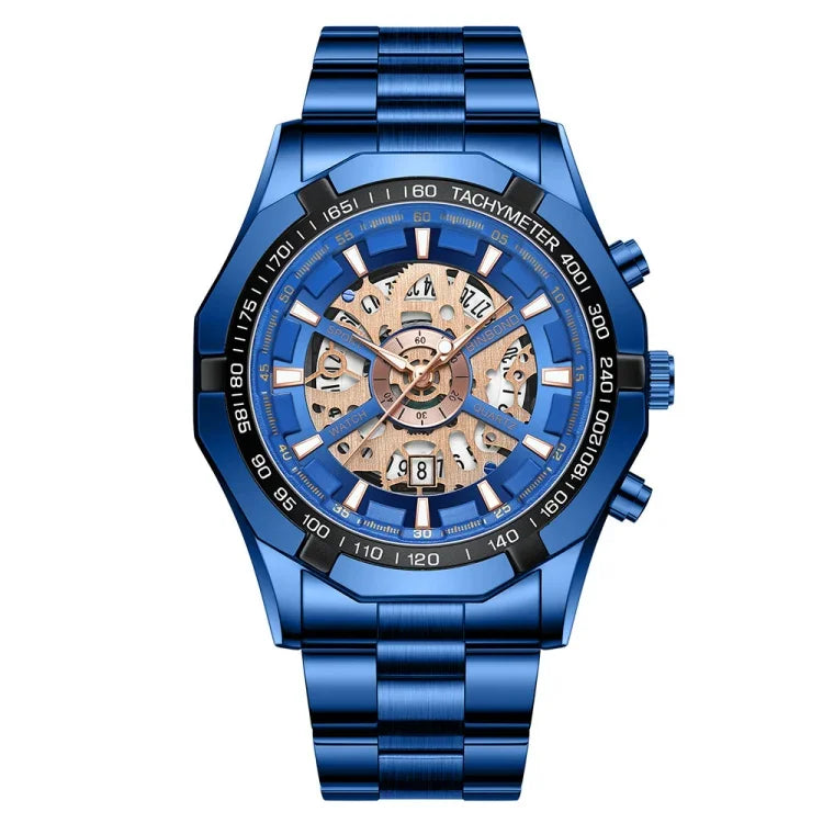 Relógio de Quartzo Luminoso Mecânico Oco à Prova de Água 30m BINBOND S033, Aço Preto-Preto-Dourado, Aço Preto-Preto-Rosa Dourado, Dourado Completo-Preto-Dourado, Aço Azul-Azul