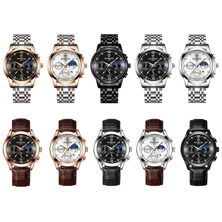 Relógio Masculino BINBOND B3591 30m à Prova de Água com Calendário Luminoso, Aço Preto-Preto, Couro Preto-Branco-Preto, Couro Castanho-Branco-Branco