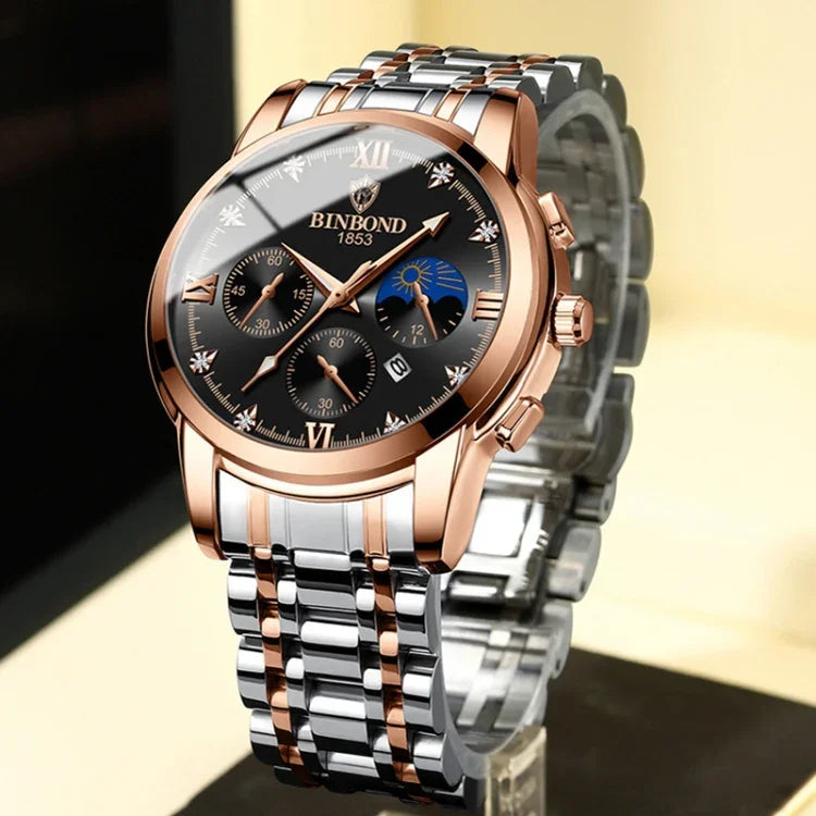 Relógio Masculino BINBOND B3591 30m à Prova de Água com Calendário Luminoso, Aço Preto-Preto, Couro Preto-Branco-Preto, Couro Castanho-Branco-Branco