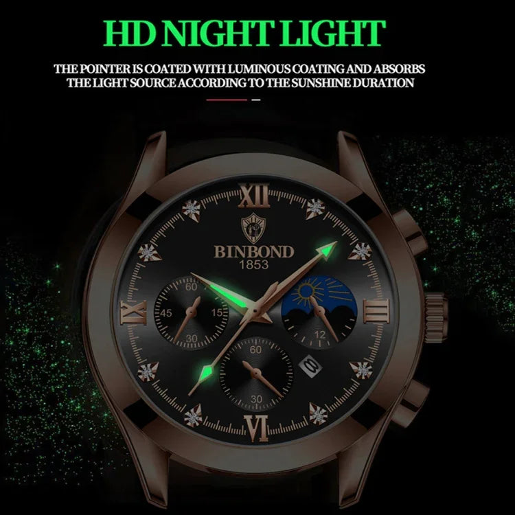 Relógio Masculino BINBOND B3591 30m à Prova de Água com Calendário Luminoso, Aço Preto-Preto, Couro Preto-Branco-Preto, Couro Castanho-Branco-Branco