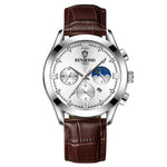 Relógio Masculino BINBOND B3591 30m à Prova de Água com Calendário Luminoso, Aço Preto-Preto, Couro Preto-Branco-Preto, Couro Castanho-Branco-Branco