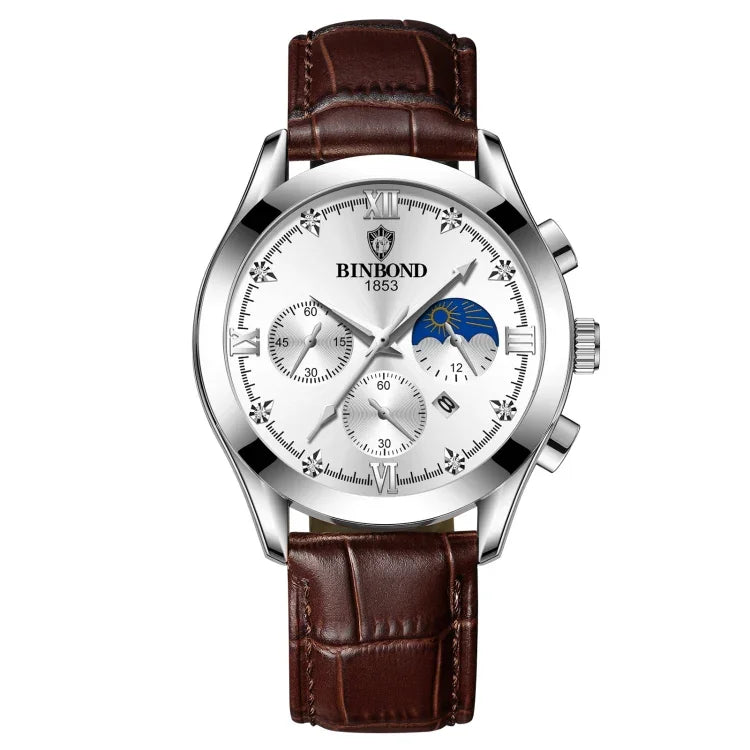 Relógio Masculino BINBOND B3591 30m à Prova de Água com Calendário Luminoso, Aço Preto-Preto, Couro Preto-Branco-Preto, Couro Castanho-Branco-Branco