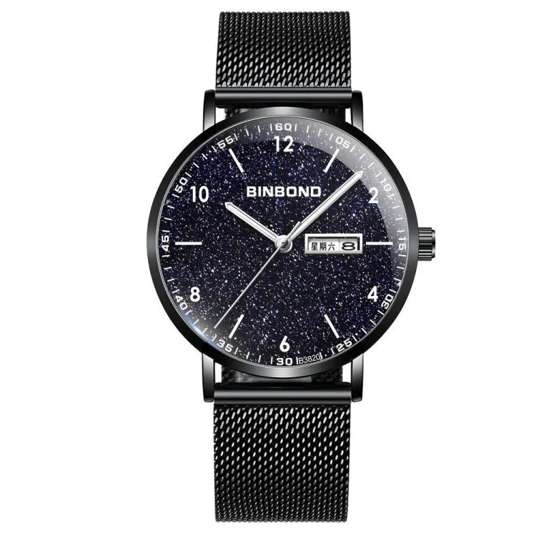 Relógio BINBOND B3820 30M à Prova de Água Ultra-fino de Quartzo Luminoso Estrelado, Rede Preta-Preto-Estrelado