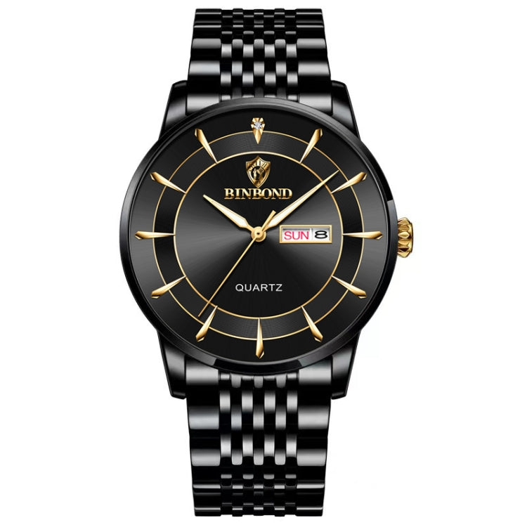 Relógio de quartzo luminoso impermeável BINBOND B2077 30M com fecho borboleta e bracelete de aço para homem