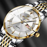 Relógio de quartzo luminoso impermeável BINBOND B2077 30M com fecho borboleta e bracelete de aço para homem