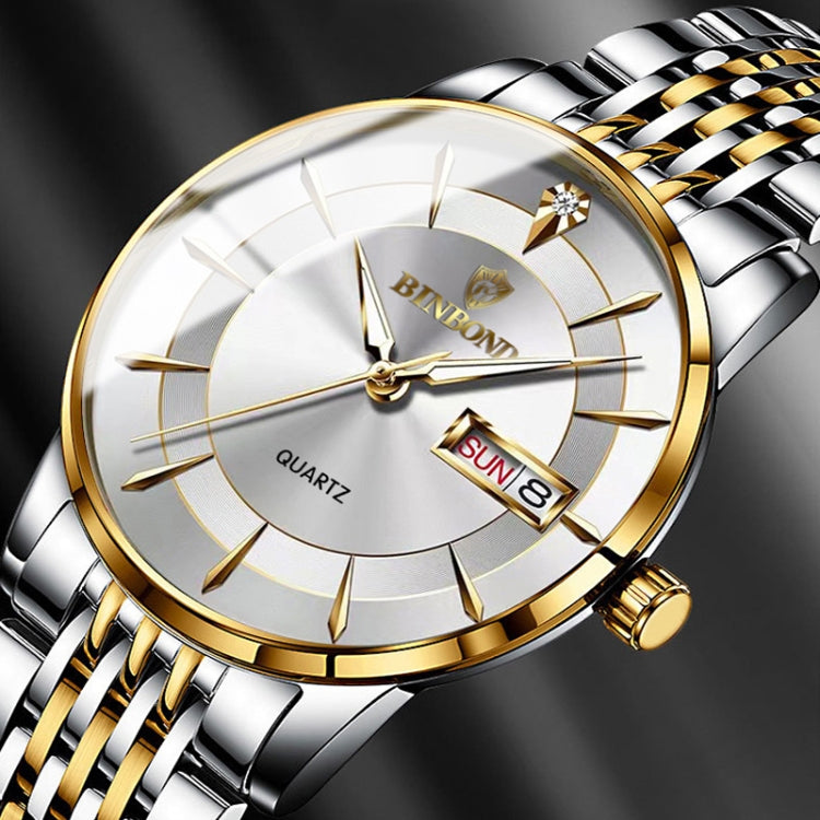Relógio de quartzo luminoso impermeável BINBOND B2077 30M com fecho borboleta e bracelete de aço para homem