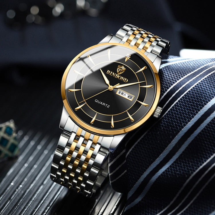 Relógio de quartzo luminoso impermeável BINBOND B2077 30M com fecho borboleta e bracelete de aço para homem