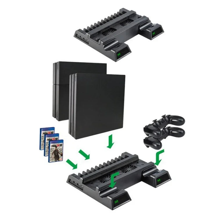 Suporte com Ventoinha de Arrefecimento para PS4 / PS4 Slim / PS4 Pro Consola Vertical com Carregador Duplo para Comandos, JL-P1908