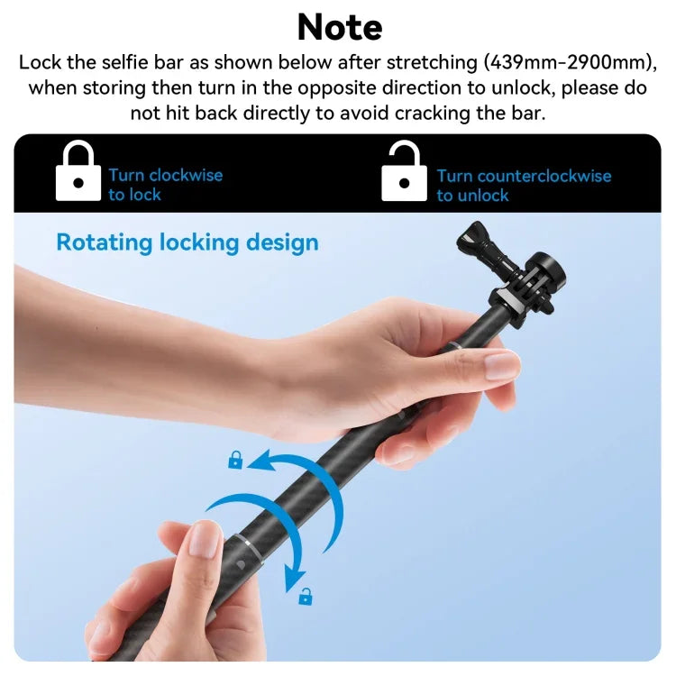 Monopé de selfie TELESIN 3M em fibra de carbono com parafuso 1/4 para câmara de ação, 3m