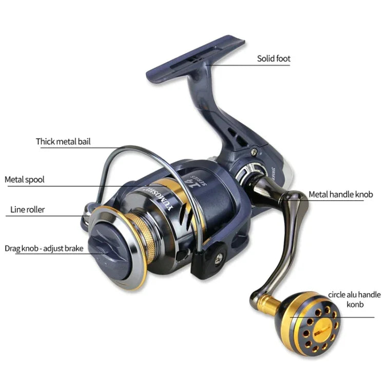 Carretel de Pesca Spinning com Alavanca Metálica Copo Metálico, YUMOSHI KS2000, YUMOSHI KS3000, YUMOSHI KS4000, YUMOSHI KS5000, YUMOSHI KS6000, YUMOSHI KS7000