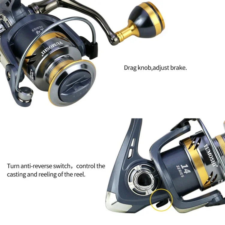 Carretel de Pesca Spinning com Alavanca Metálica Copo Metálico, YUMOSHI KS2000, YUMOSHI KS3000, YUMOSHI KS4000, YUMOSHI KS5000, YUMOSHI KS6000, YUMOSHI KS7000