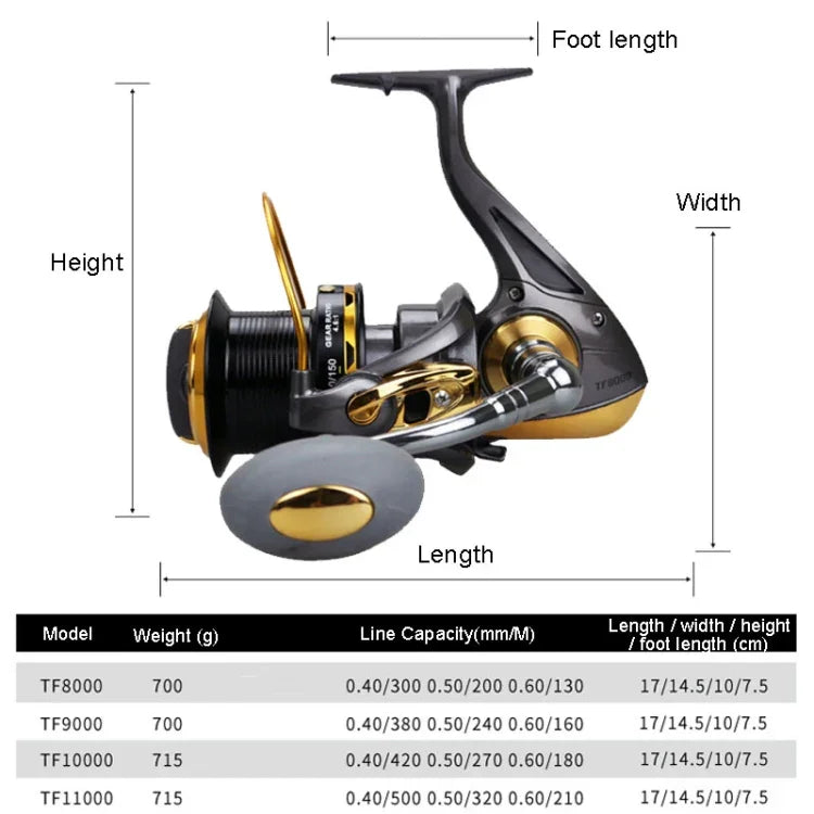 Carretel de Pesca para Lançamento de Longa Distância Vara de Pesca para Mar Sem Espaços Carretel de Spinning, TF8000, TF9000, TF10000, TF11000