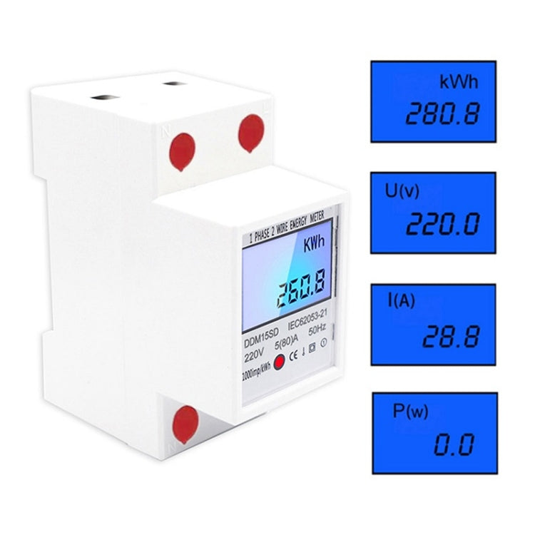Medidor de carril multifunções monofásico DDM15SD com ecrã LCD retroiluminado, 5 (20) A, 5 (32) A, 10 (40) A, 15 (60) A, 20 (80) A, 5 (80) A