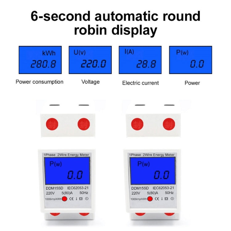 Medidor de carril multifunções monofásico DDM15SD com ecrã LCD retroiluminado, 5 (20) A, 5 (32) A, 10 (40) A, 15 (60) A, 20 (80) A, 5 (80) A