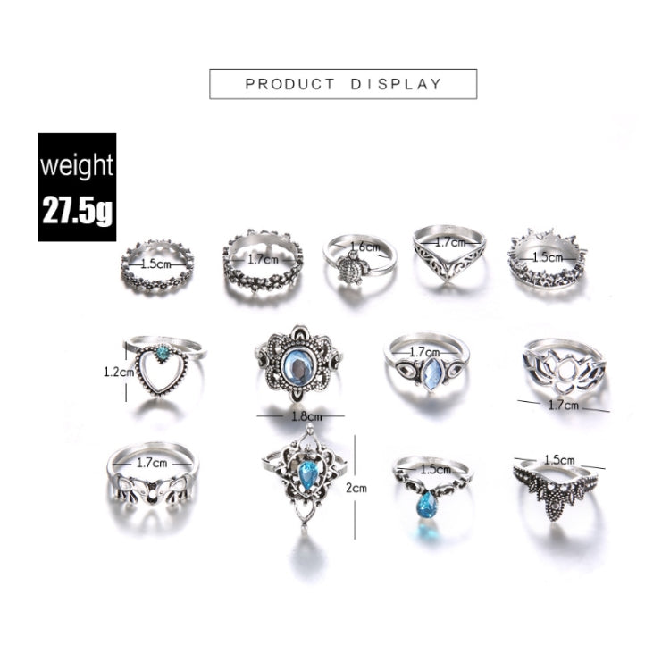 13pcs/set Vintage Diamond Engraved Crown Star Gemstone Ring, 13pcs/set 0737