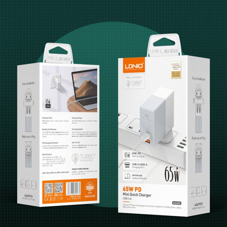 LDNIO A2620C Carregador Universal para Telemóvel e Tablet 65W Porta Type-C/USB-C Carregador Rápido, Ficha EU 65W, Ficha UK 65W, Ficha US 65W