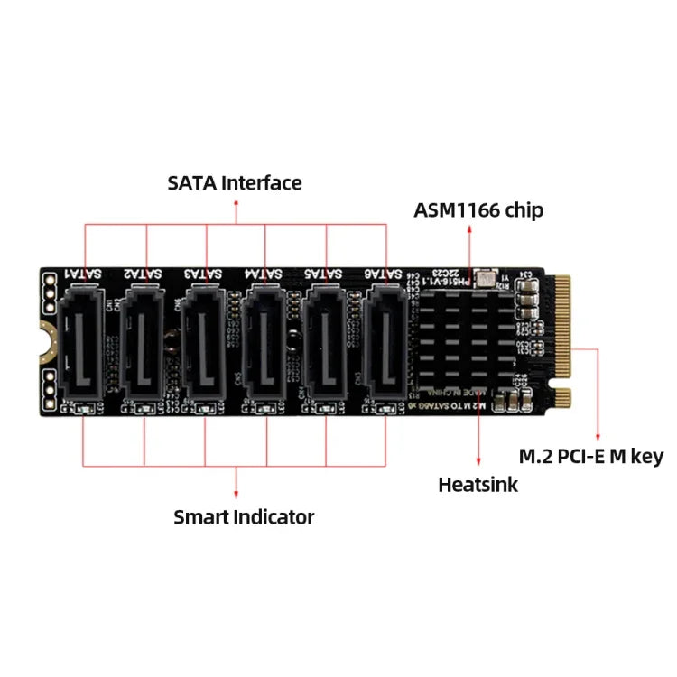 Placa de Expansão M2 M-EKY PCIE3.0 para SATA6G com 6 Portas Adaptador para Expansão de Disco Rígido, 6 Portas