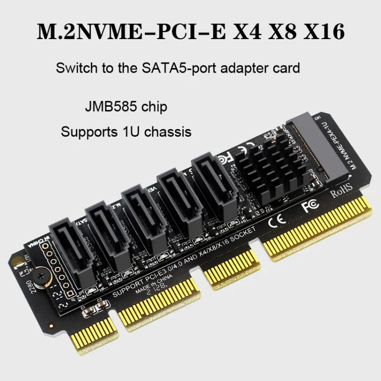 Placa de Transferência M.2NVME-PCIE X4 / X8 / X16 Rotor SATA5 Porta Chip JMB585