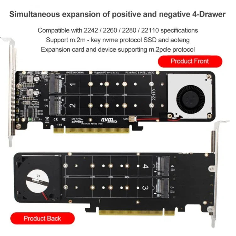 Adaptador de Expansão PCI-E X16 para M.2 M-key NVME X4 SSD RAID Array Suporta 2242/2260/2280/22110, PH44Plus