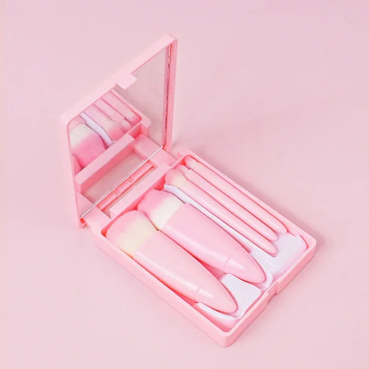 Conjunto de 5 pincéis de maquilhagem médios portáteis com espelho, pincel multifuncional mini, castanho, vermelho-rosado, rosa, verde fluorescente